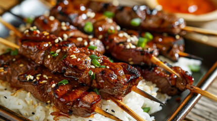 A close-up image of grilled beef skewers glazed with savory teriyaki sauce, served on a bamboo tray with steamed rice, sesame seeds, and a side of spicy sriracha mayo