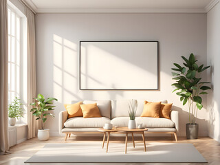 horizontal frame mock up in modern living interior, bright room with sunbeams, wall mock up, 3d rendering