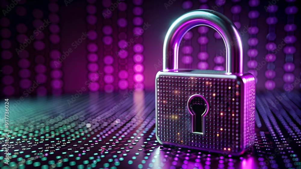 Poster digital padlock icon with abstract network graphics on dark background for cybersecurity