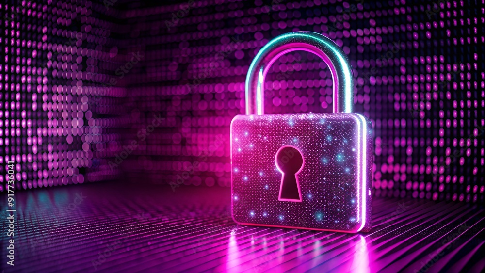 Poster digital padlock icon with abstract network graphics on dark background for cybersecurity
