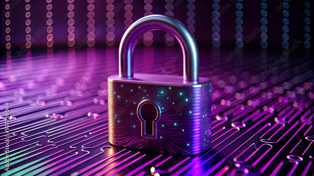 Poster digital padlock icon with abstract network graphics on dark background for cybersecurity