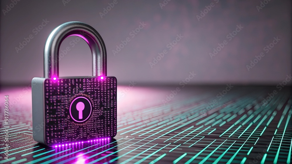 Poster digital padlock icon with abstract network graphics on dark background for cybersecurity