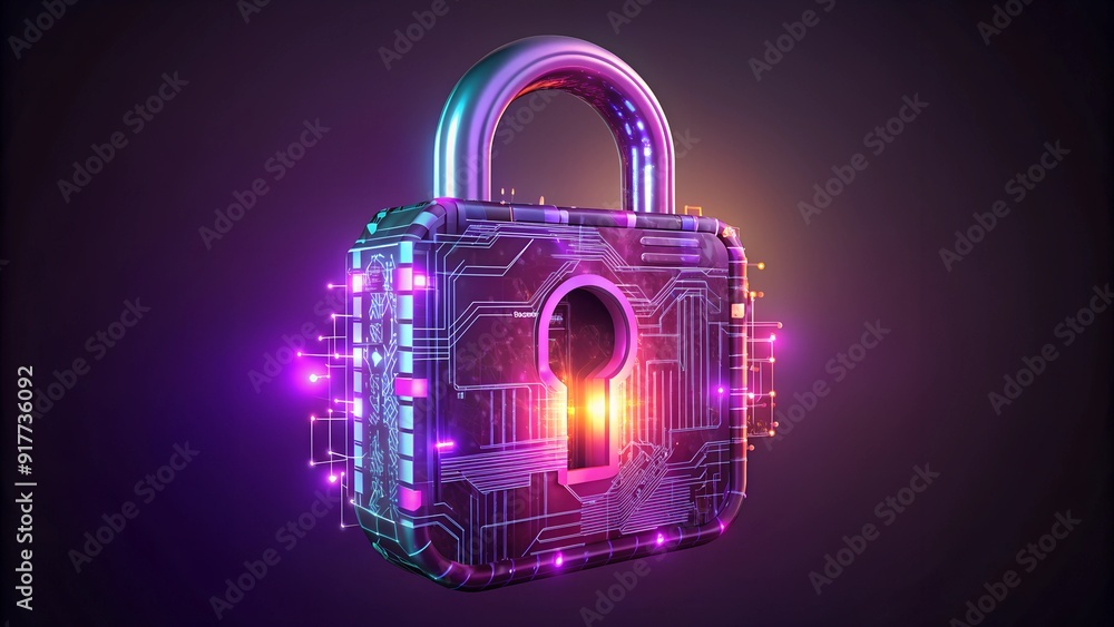 Poster digital padlock icon with abstract network graphics on dark background for cybersecurity