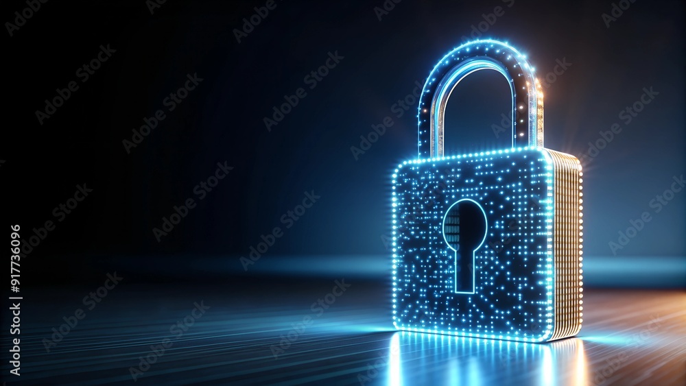 Poster digital padlock icon with abstract network graphics on dark background for cybersecurity