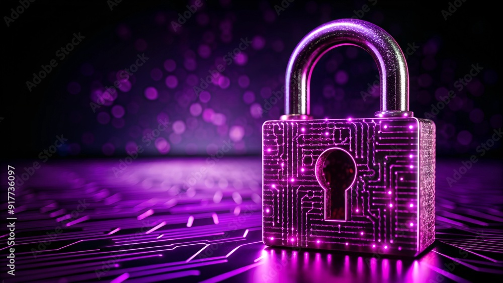 Poster digital padlock icon with abstract network graphics on dark background for cybersecurity