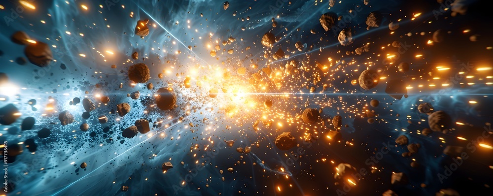 Poster cosmic explosion with debris and glowing particles.