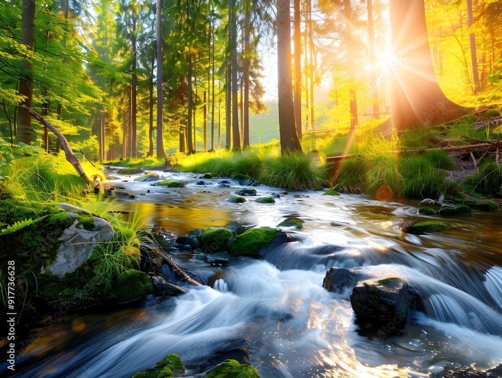 Poster sunbeams through the trees on a forest stream.