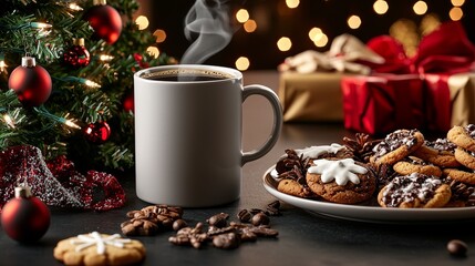 A festive holiday scene with a steaming mug of coffee beside a plate of cookies and a decorated Christmas tree.
