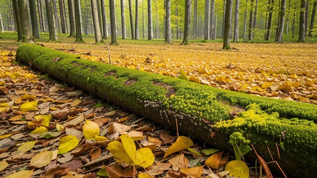 A close view of a large log on the forest floor covered in moss and freshly fallen autumn leaves.