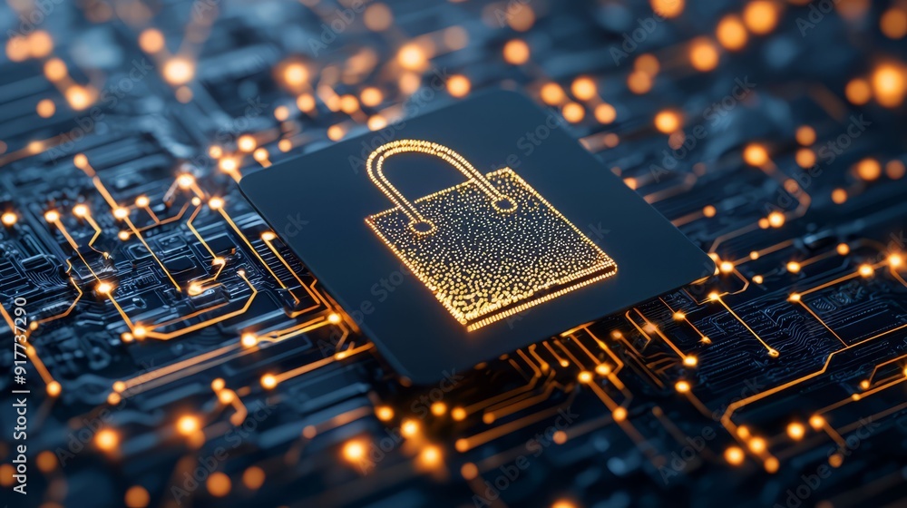 Poster digital lock symbol on a circuit board background, representing online security and e-commerce prote
