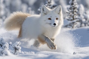 Naklejka premium Arctic fox running through snow in a winter forest.