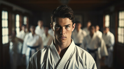 Fototapeta premium generated Illustration of portrait of a master of karate and student in thre gym club