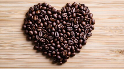 An artistic composition of coffee beans arranged in the shape of a heart on a wooden surface.
