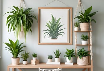 A wooden shelf with white framed wall hanging, various potted cacti and succulents, a and other decorative items