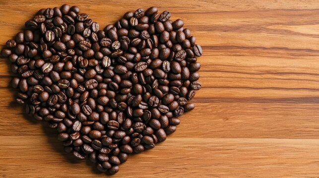 An artistic composition of coffee beans arranged in the shape of a heart on a wooden surface. - Powered by Adobe