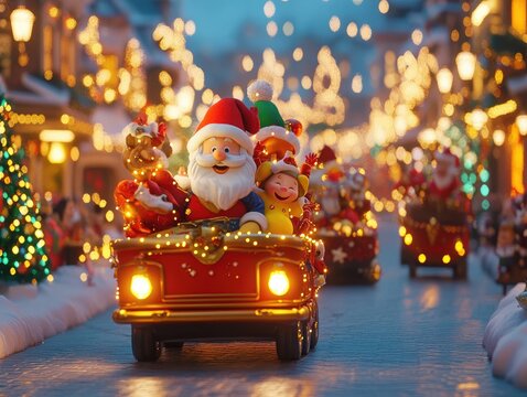 3D Christmas parade with floats and characters, festive celebration