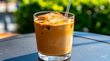 An enticing shot of an iced coffee drink with a straw in a clear glass, sitting on a sunny terrace.