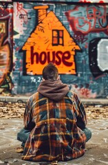 Fototapeta premium A young man sitting on the ground against a colorful graffiti wall, depicting a house, in an urban setting.