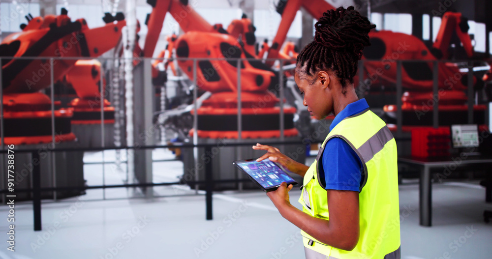 Poster worker in automotive car factory using tablet