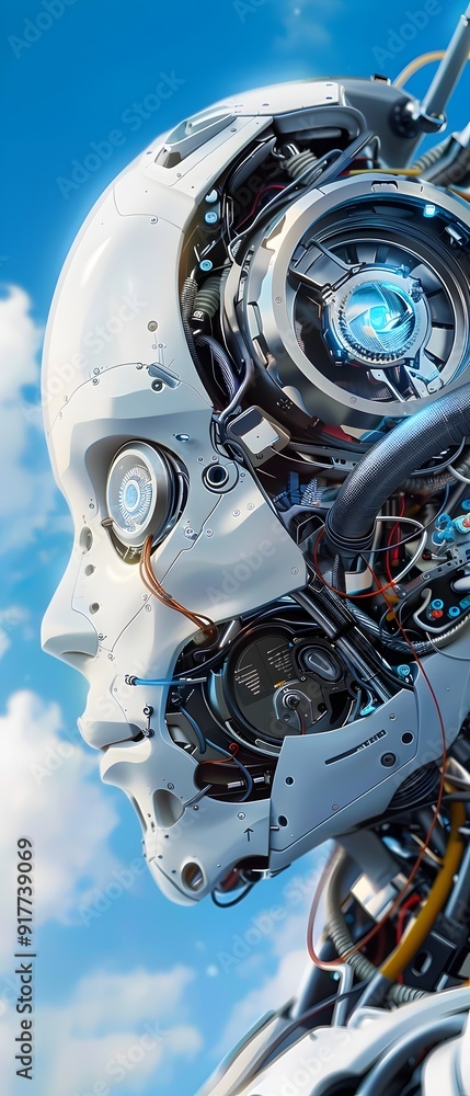 Poster futuristic robot head with open mechanism.
