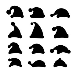 Santa Claus hat silhouette set. Christmas icon hats. Monochrome vector illustration