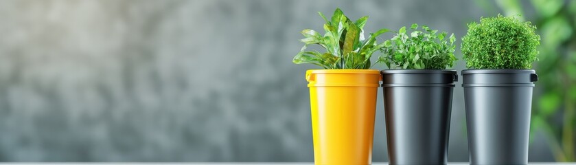 Fototapeta premium Bright green plants in pots against a textured background, perfect for home decor, gardening, or nature-themed projects.