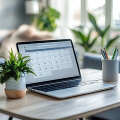 Open laptop with calendar app on the screen, Monday morning, scheduling and planning