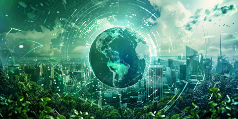 Obraz premium Digital Earth: Global Environmental Innovation, Smart Cities and Green Technology: Future of Sustainable Living