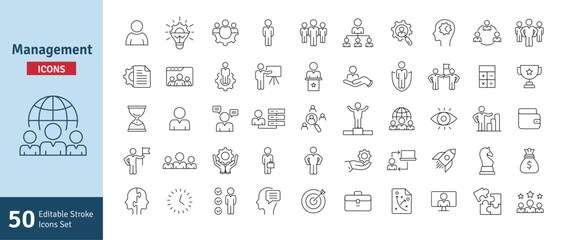 Management And Business Line Icon Set Editable Stroke. Teamwork, Business, Task, Deadline, Planning, Strategy, Marketing, Leadership Line Icons Vector Illustration Collection