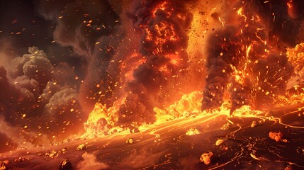 Volcanic activity, with explosive bursts of lava and ash shooting from the crater, creating a turbulent landscape of fire and smoke.