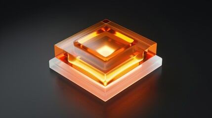 An orange, transparent glass cube icon with geometric shapes on a black background, showcasing modern design and abstract