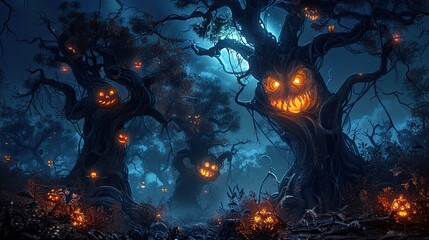 Obraz premium A creepy Halloween forest with twisted trees, glowing eyes, and a haunted moonlit sky