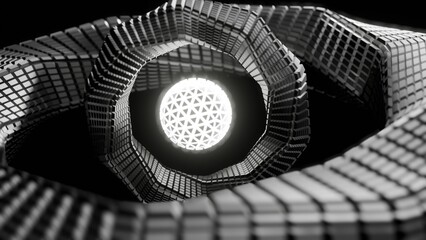 Abstract spiral structure with geometric patterns and a glowing sphere in a dark environment