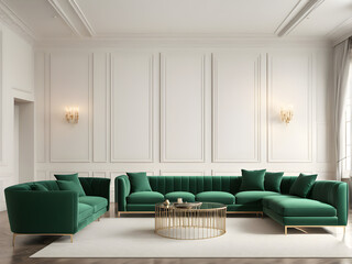 Premium living room. Ivory walls, lounge furniture - emerald green color sofas. Empty space for art or picture. Rich minimal interior design. Mockup luxury lounge or reception office. 3d render