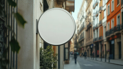 White blank round hanging sign mockup on the street side, blank white circle sign for design use in city environment