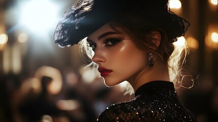 Paris Fashion Week: A stylish model on the runway during Paris Fashion Week, with elegant designs and a glamorous audience.  © sarana