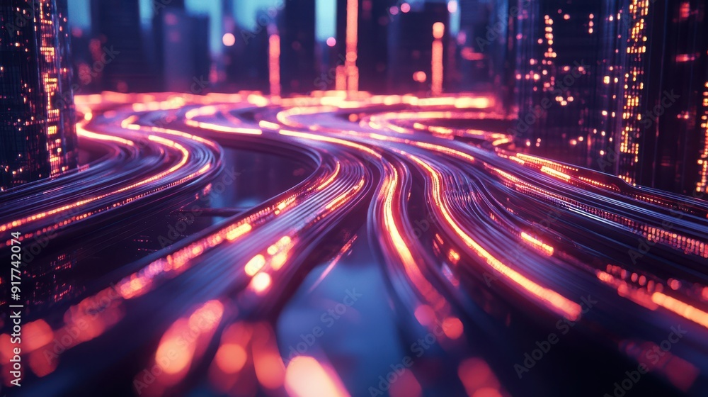 Poster 3D render of telephone lines with digital data streams visualized as glowing lines, intertwined with traditional cables, set against a futuristic cityscape