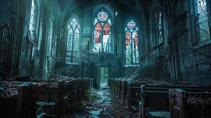 A creepy old church with broken stained glass windows and eerie shadows inside