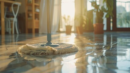 A scene of indoor cleaning with a mop being used to clean the floor, emphasizing household maintenance and cleanliness