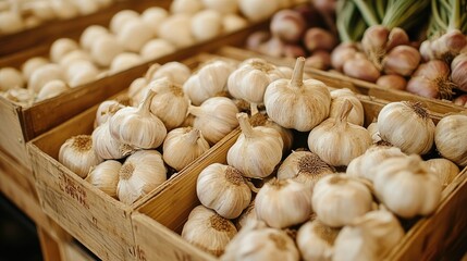 Display of fresh garlic at the market.