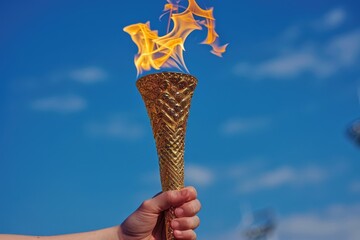 Hand holding lit torch with flame against sky. It symbolizes aspiration, hope, and the Olympic spirit.
