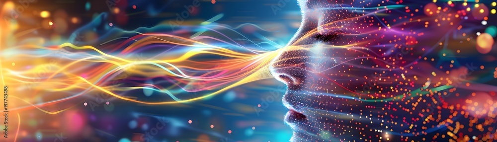 Poster abstract digital portrait with colorful lines and lights.