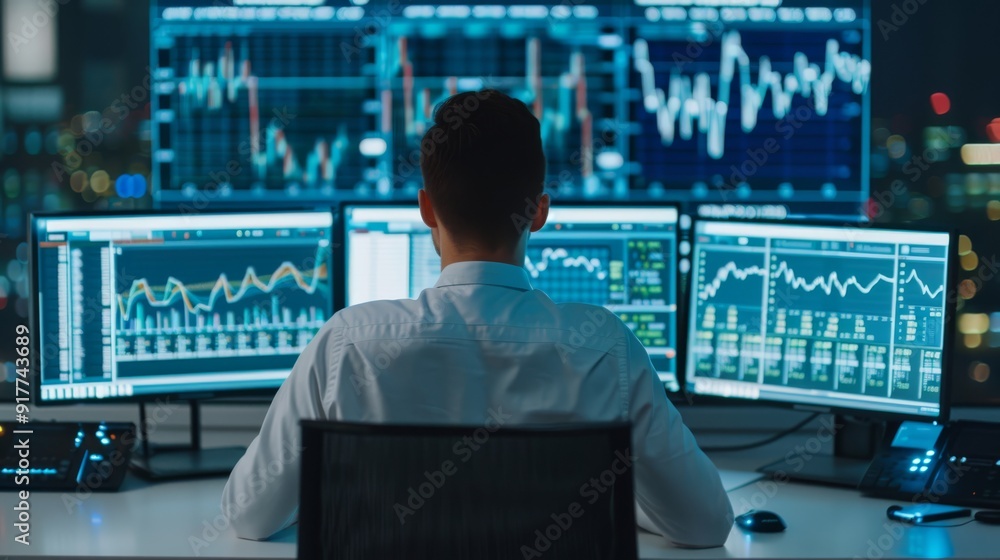 Poster trader analyzing financial data on multiple screens