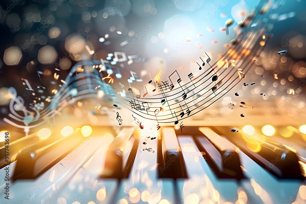 Poster musical notes and piano keys with bokeh lights.