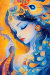 A serene woman with colorful hair plays a musical instrument in a vibrant cultural setting