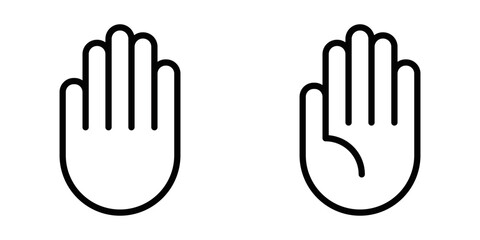 Vector icon of a raised hand, representing a stop gesture, caution, or interaction, designed in a minimalistic black outline. Editable stroke.