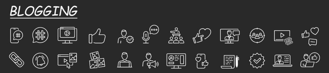 Blogging icon collection. Containing influencer, content, creation, vlogger, social media, digital marketing and community icons. Vector illustration.	