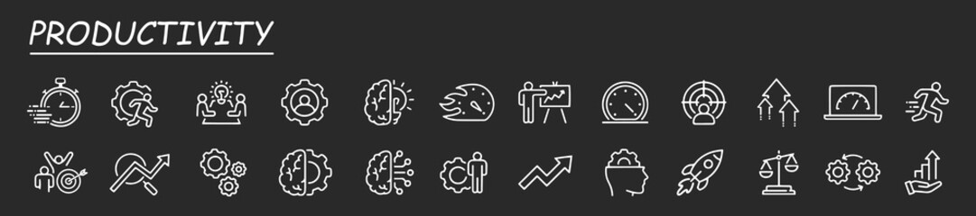 Productivity icon set. Containing efficiency, task, focus, multitasking, workflow, growth, routine, project management, automation and productive. Vector  collection.