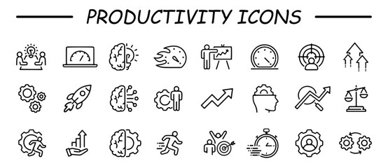 Productivity icon set. Containing efficiency, task, focus, multitasking, workflow, growth, routine, project management, automation and productive. Vector  collection.