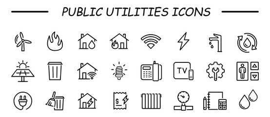 Public utilities icons. Gas, electricity, water, heating. Public utilities linear icon collection. Vector illustration